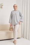 Önü Çiçek Nakışlı Yuvarlak Yaka Salaş Penye Bluz     -Gri-Tunik-253-13137-R11