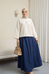 Önü Çiçek Nakışlı Yuvarlak Yaka Salaş Penye Tunik   -Ekru-Tunik-253-13137-R07