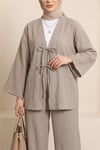 Önü Çift Bağcıklı Pantolonlu Krınkıl Takım  -Vizon-Takım-349-6021-R23