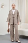 Önü Çift Bağcıklı Pantolonlu Krınkıl Takım  -Vizon-Takım-349-6021-R23
