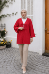 Önü Çift Bağcıklı Petek Desen Kimono -Kırmızı-Kimono&Kaftan-307-2373-R33