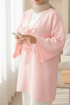 Önü Çift Bağcıklı Petek Desen Kimono -Pembe-KİMONO&KAFTAN-307-2373-R20