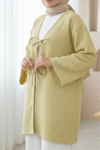 Önü Çift Bağcıklı Petek Desen Kimono -Yağ Yeşili-Kimono&Kaftan-307-2373-R72