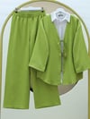 Önü Çift Bağlamalı Pantolonlu Kimono Takım -Yağ Yeşili-Takım-223-3007-R72