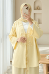 Önü Çift Bağlamalı Pantolonlu Kimono Takım       -Açık Sarı-Takım-223-3007-R75