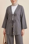 Önü Çift Bağlamalı Pantolonlu Kimono Takım       -Antrasit-Takım-223-3007-R64