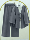 Takım-Önü Çift Bağlamalı Pantolonlu Kimono Takım    -Füme-223-3007-R18