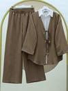 Önü Çift Bağlamalı Pantolonlu Kimono Takım      -Açık Kahve-Takım-223-3007-R76
