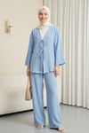 Önü Çift Bağlamalı Pantolonlu Kimono Takım        -Buz Mavi