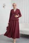 Önü Çift Düğmeli Kruvaze Yaka Ceket Etek Double Krep Takım   -Bordo-Takım-349-8049-R04