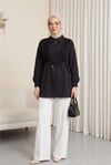 Önü Dantelli Bağlama Detaylı Düğmeli Poplin Gömlek -Siyah-Gömlek-398-11062-R01