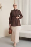 Önü Dantelli Bağlama Detaylı Düğmeli Poplin Gömlek -Kahve-Gömlek-398-11062-R15