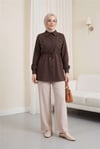 Önü Dantelli Bağlama Detaylı Düğmeli Poplin Gömlek -Kahve-Gömlek-398-11062-R15
