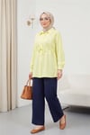 Önü Dantelli Bağlama Detaylı Düğmeli Poplin Gömlek -Açık Sarı-Gömlek-398-11062-R75