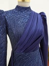 فستان سهرة جليتر بثنيات أمامية - أزرق داكن-Saten Abiye-314-2292-R03