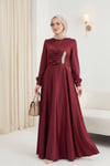 Önü Drapeli Taş Detaylı Saten Elbise -Bordo-Elbise-386-6261-R04