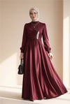 Önü Drapeli Taş Detaylı Saten Elbise -Bordo-Elbise-386-6261-R04