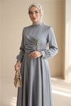 Önü Drapeli Taş Detaylı Saten Elbise -Gümüş-Elbise-386-6261-R47