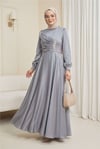 Önü Drapeli Taş Detaylı Saten Elbise -Gümüş-Elbise-386-6261-R47