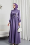 Önü Drapeli Taş Detaylı Saten Elbise -Lila-Elbise-386-6261-R42