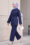 Önü Düğmeli Cepli Kemerli Pantolonlu Kot Takım  -Lacivert