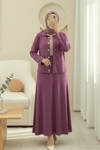 Önü Düğmeli Etekli Yakalı Triko Takım -Mürdüm-Takım-295-1283-R09