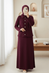 Önü Düğmeli Etekli Yakalı Triko Takım -Bordo-Takım-295-1283-R04