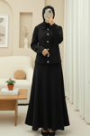 Önü Düğmeli Etekli Yakalı Triko Takım -Siyah-Takım-295-1283-R01