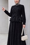 Önü Düğmeli Kat Detaylı Etekli Kadife Takım  -Siyah