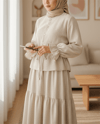 Önü Düğmeli Kolu Lastikli Tünel Bağcıklı Keten Takım  -Bej-Takım-349-7032-R56