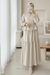 Önü Düğmeli Kolu Lastikli Tünel Bağcıklı Keten Takım  -Bej-Takım-349-7032-R56