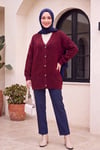 Önü Düğmeli V Yaka Salaş Örme Triko Hırka -Bordo