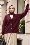 Önü Düğmeli V Yaka Yumoş Triko Hırka -Bordo