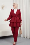 Önü Fırfırlı Bağcıklı Eteği Katlı Pantolonlu Kimono Takım -Bordo-Takım-349-7001-R04