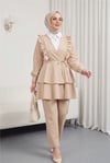 Önü Fırfırlı Bağcıklı Eteği Katlı Pantolonlu Kimono Takım -Bej-Takım-349-7001-R56
