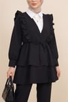Önü Fırfırlı Bağcıklı Eteği Katlı Pantolonlu Kimono Takım -Siyah-Takım-349-7001-R01