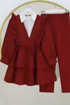 Önü Fırfırlı Bağcıklı Eteği Katlı Pantolonlu Kimono Takım -Bordo-Takım-349-7001-R04