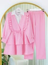 Önü Fırfırlı Bağcıklı Eteği Katlı Pantolonlu Kimono Takım    -Pembe-Takım-349-7001-R20