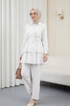 Önü Fırfırlı Bağcıklı Eteği Katlı Pantolonlu Kimono Takım   -Beyaz-Takım-349-7001-R02