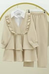 Önü Fırfırlı Bağcıklı Eteği Katlı Pantolonlu Kimono Takım  -Krem-Takım-349-7001-R28