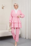 Önü Fırfırlı Bağcıklı Eteği Katlı Pantolonlu Kimono Takım    -Pembe-Takım-349-7001-R20