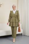 Önü Fırfırlı Bağcıklı Eteği Katlı Pantolonlu Kimono Takım -Haki-Takım-349-7001-R05