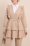 Önü Fırfırlı Bağcıklı Eteği Katlı Pantolonlu Kimono Takım -Bej-Takım-349-7001-R56