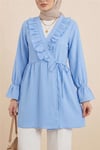 Önü Fırfırlı Bağlamalı Krinkıl Kimono   -Bebe Mavi-Kimono&Kaftan-349-7005-R32