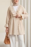 Önü Fırfırlı Bağlamalı Krinkıl Kimono -Bej-Kimono&Kaftan-349-7005-R56