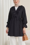 Önü Fırfırlı Bağlamalı Krinkıl Kimono -Siyah-Kimono&Kaftan-349-7005-R01