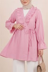 Önü Fırfırlı Bağlamalı Krinkıl Kimono   -Pembe-Kimono&Kaftan-349-7005-R20