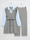 Önü Fırfırlı Kemerli Parçalı Kumaş Ayrobin Takım -Bej-Pantolonlu Takım-118-3215-R56