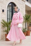 Önü Fırfırlı Kolu Lastikli Beli Kemerli Etekli Çilek Takım -Pembe