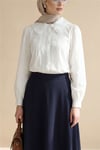Önü Fistolu Plise Detaylı Poplin Gömlek Bluz -Beyaz-Gömlek-364-2492-R02